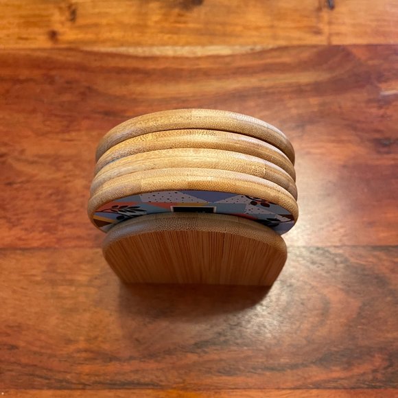 Coasters in French, Set of 4 Montreal-made wooden coasters with holder - Picture 2 of 7